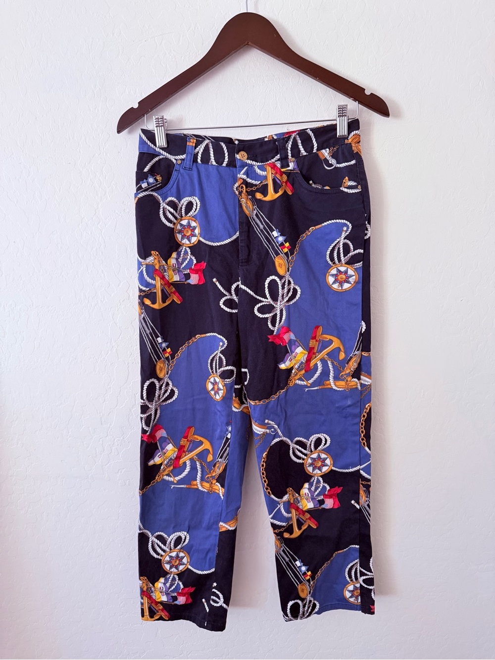 Lauren Ralph Lauren Petite 8P Nautical Print Pants Navy Blue Anchor Rope